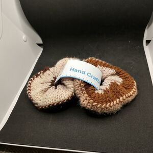 Hand Crafted Knit Scrunchies Brown Tan Jumbo Hair Hair Band Accessory Set of 2